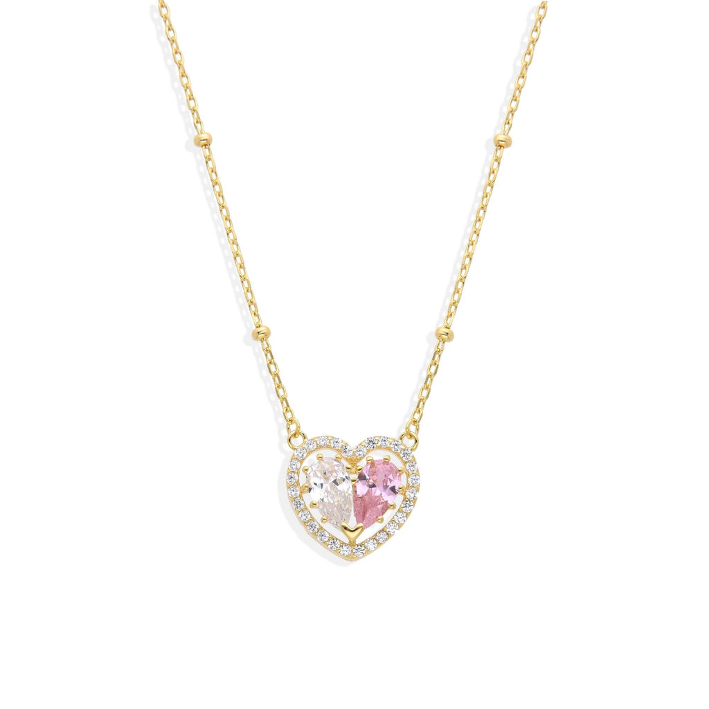 18k Gold Plated 925 Sterling Silver Necklace with Clear and Pink Zircon Heart-Necklaces-GULI GULI