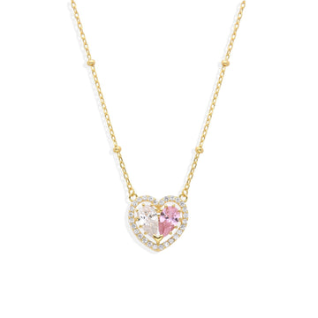 18k Gold Plated 925 Sterling Silver Necklace with Clear and Pink Zircon Heart-Necklaces-GULI GULI