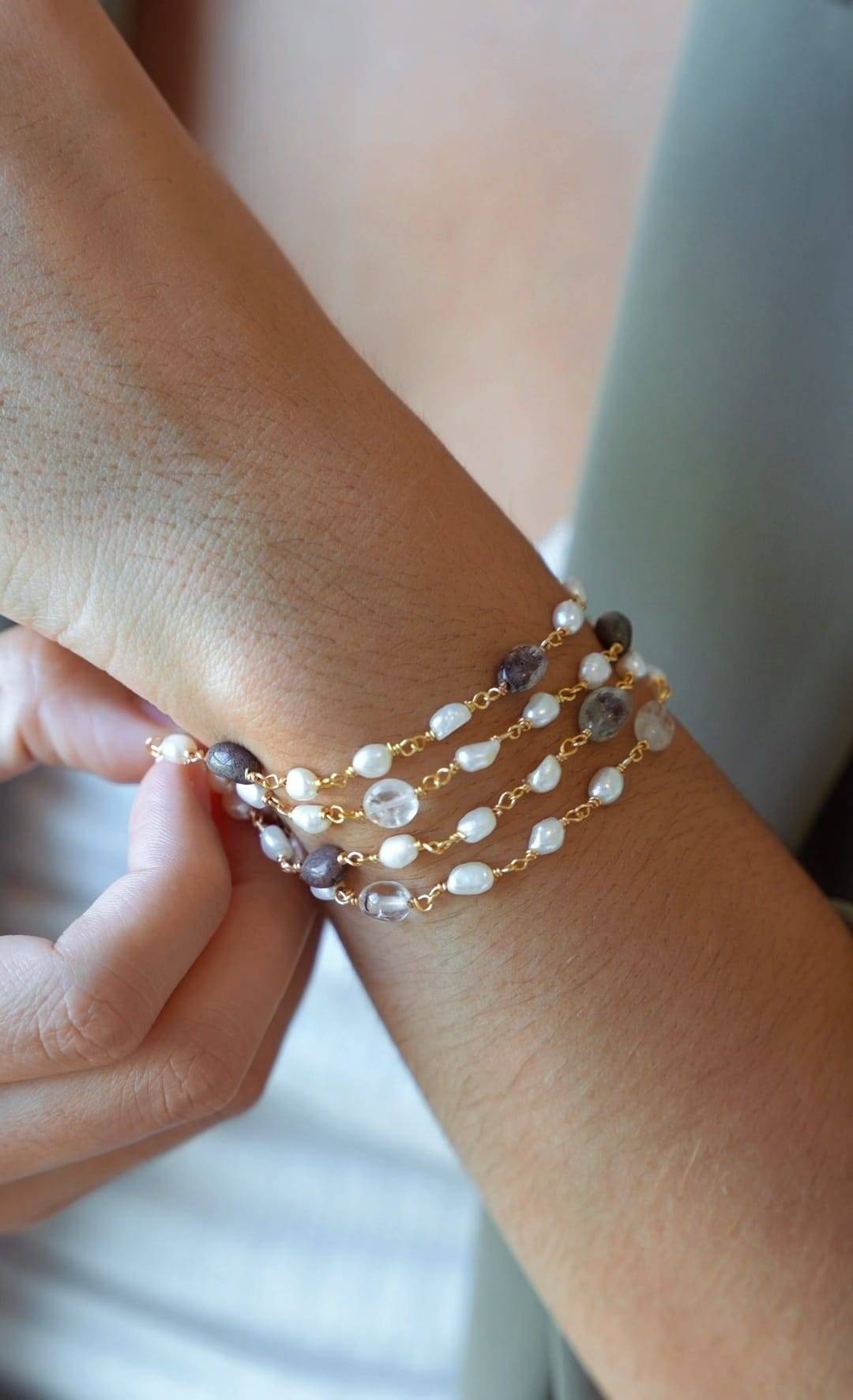 4-strand Twisted Bracelet with Natural Stones and Cultured Pearls-Bracelets-Vila veloni corp