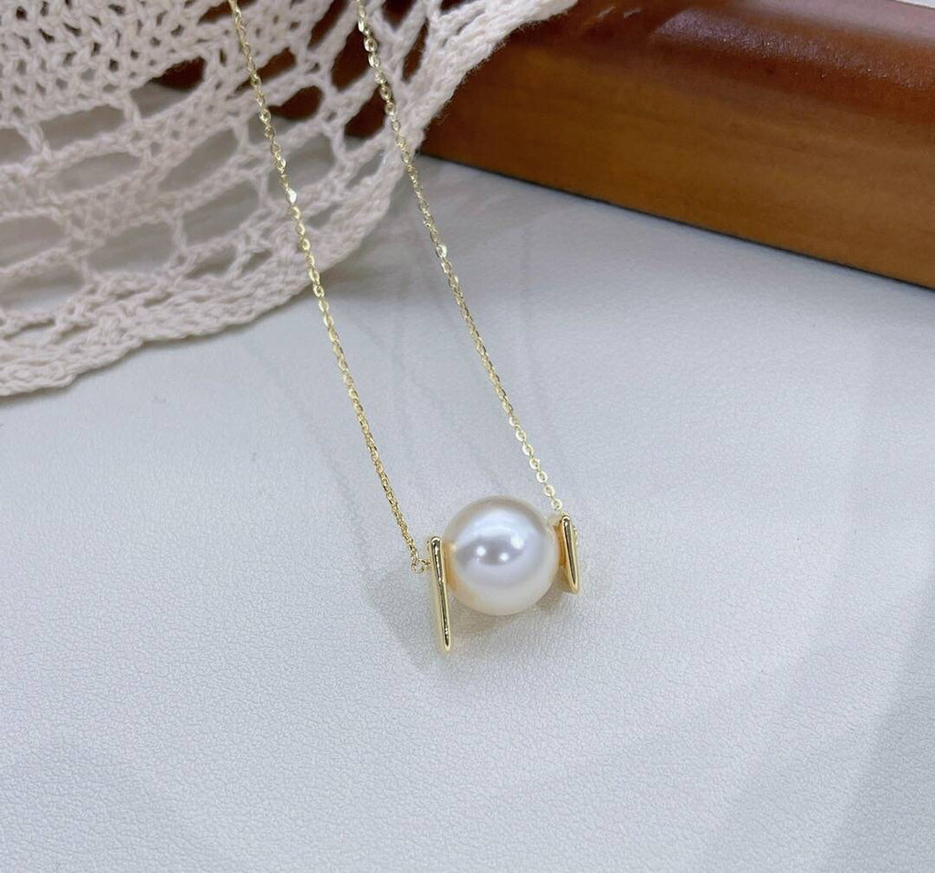 925 Silver Necklace with 18k Gold Plated with Single Pearl in the Center-Necklaces-NEW WEI