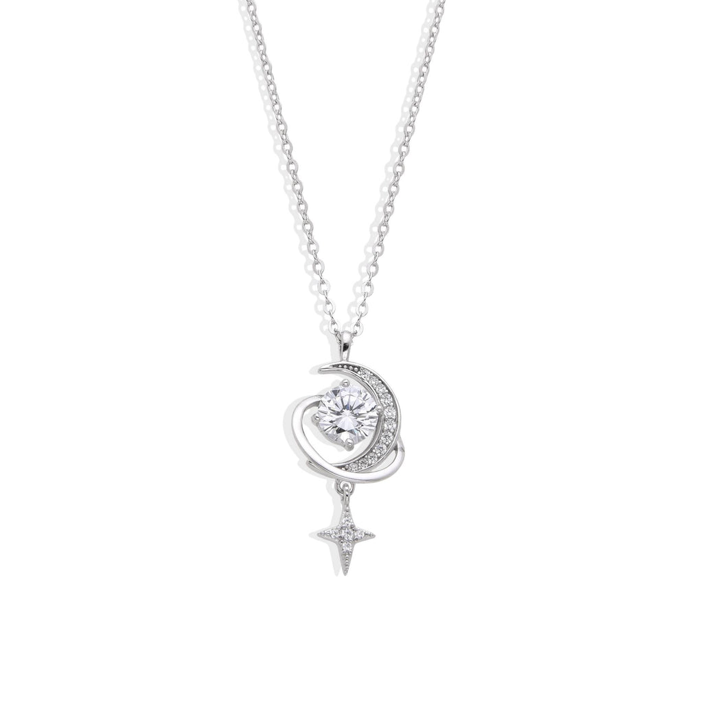 925 Silver Necklace with Crescent Moon and Star Pendant with Zirconia-Necklaces-GULI GULI