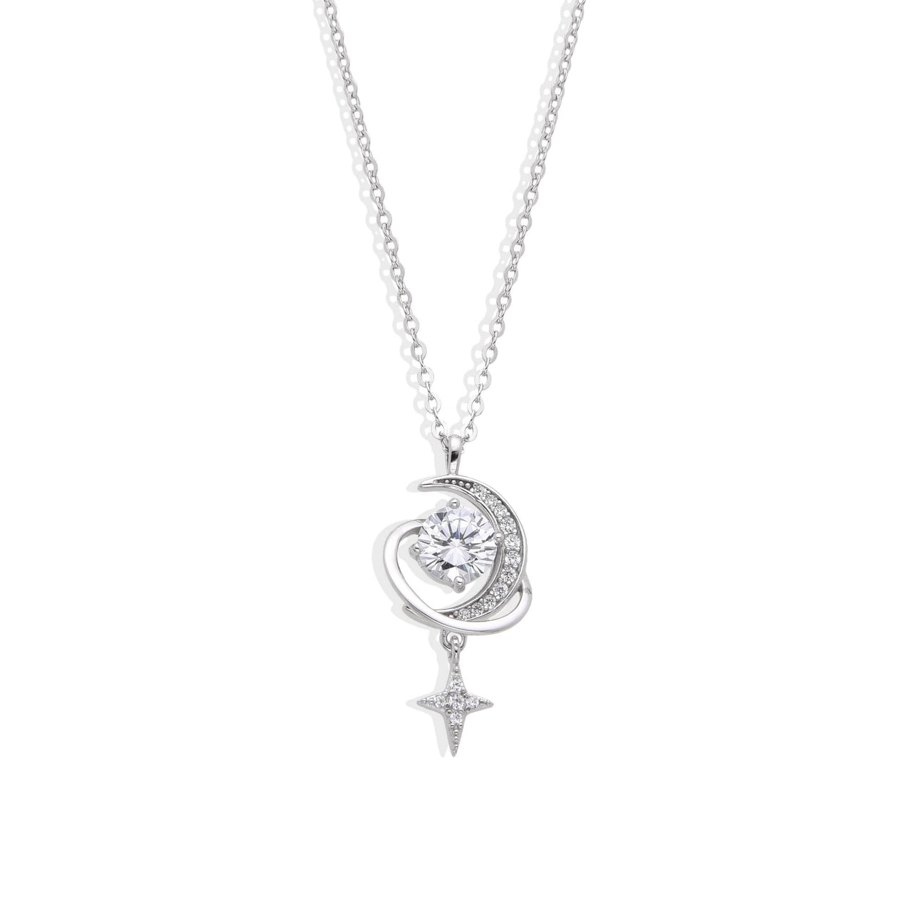 925 Silver Necklace with Crescent Moon and Star Pendant with Zirconia-Necklaces-GULI GULI