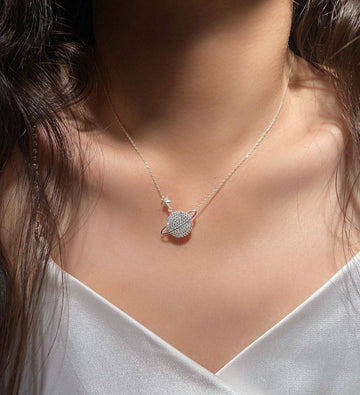 925 Sterling Silver Saturn Necklace with Micro Zircons-Necklaces-NEW WEI