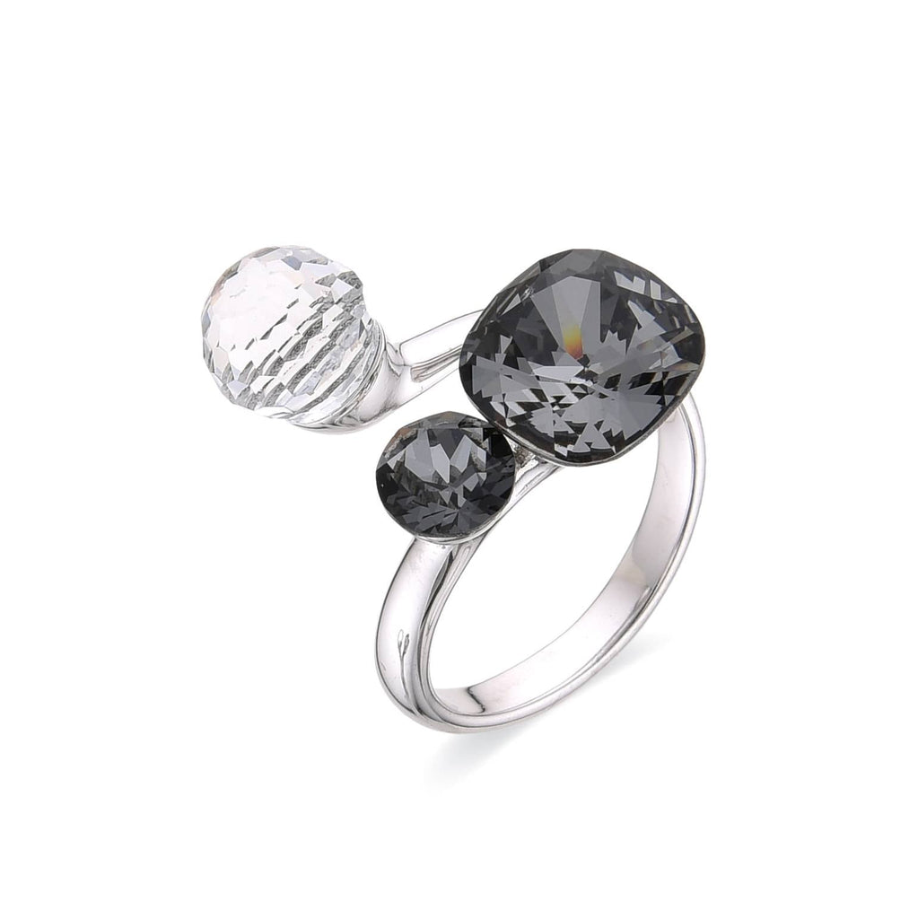 Adjustable Black Ring with Clear Swarovski in 925 Sterling Silver-Rings-GULI GULI