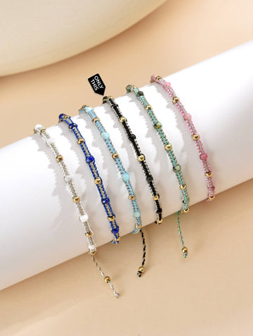 Adjustable Bracelet Woven with Black Thread and Semi-Precious Stones Black-Bracelets-Peling