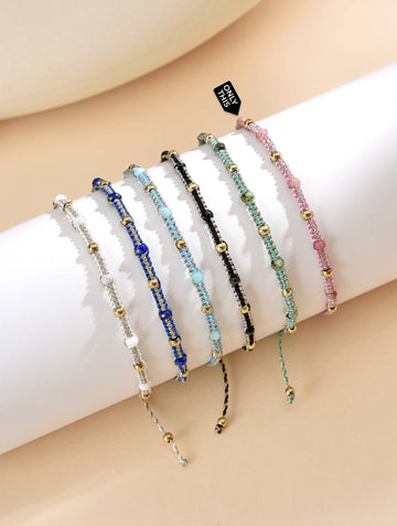 Adjustable Bracelet Woven with Pink Thread and Pink Semi-Precious Stones-Bracelets-Peling