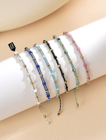 Adjustable Bracelet Woven with White Thread and White Semi-Precious Stones-Bracelets-Peling