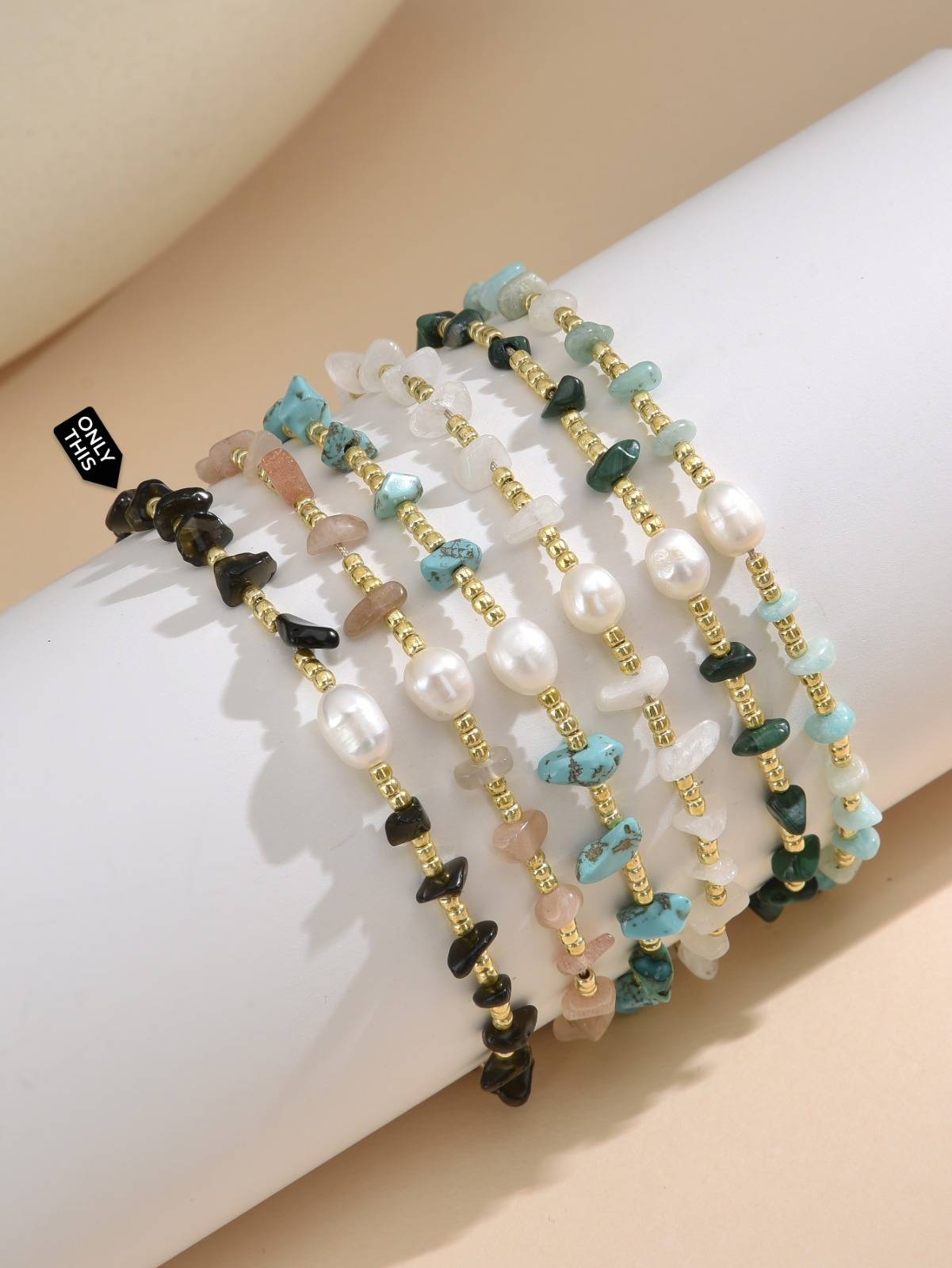 Adjustable Bracelet with Cultured Pearls and Black Semi-Precious Stones-Bracelets-Peling