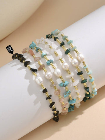 Adjustable Bracelet with Cultured Pearls and Black Semi-Precious Stones-Bracelets-Peling