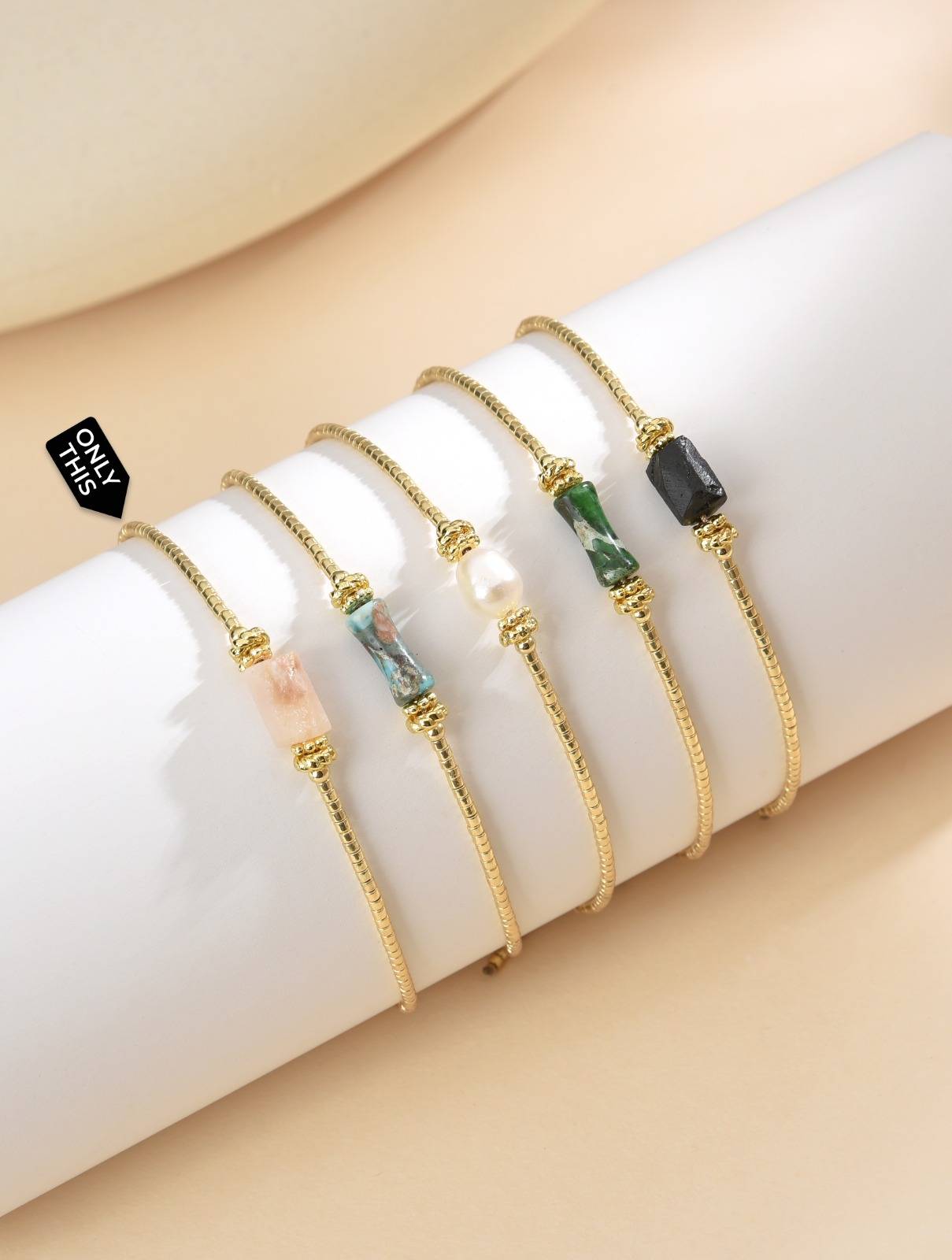 Adjustable Gold Bracelet with Rectangular Semi-Precious Stone in Pastel Colors-Bracelets-Peling
