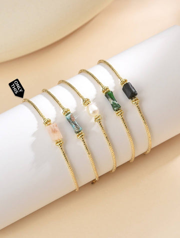 Adjustable Gold Bracelet with Rectangular Semi-Precious Stone in Pastel Colors-Bracelets-Peling