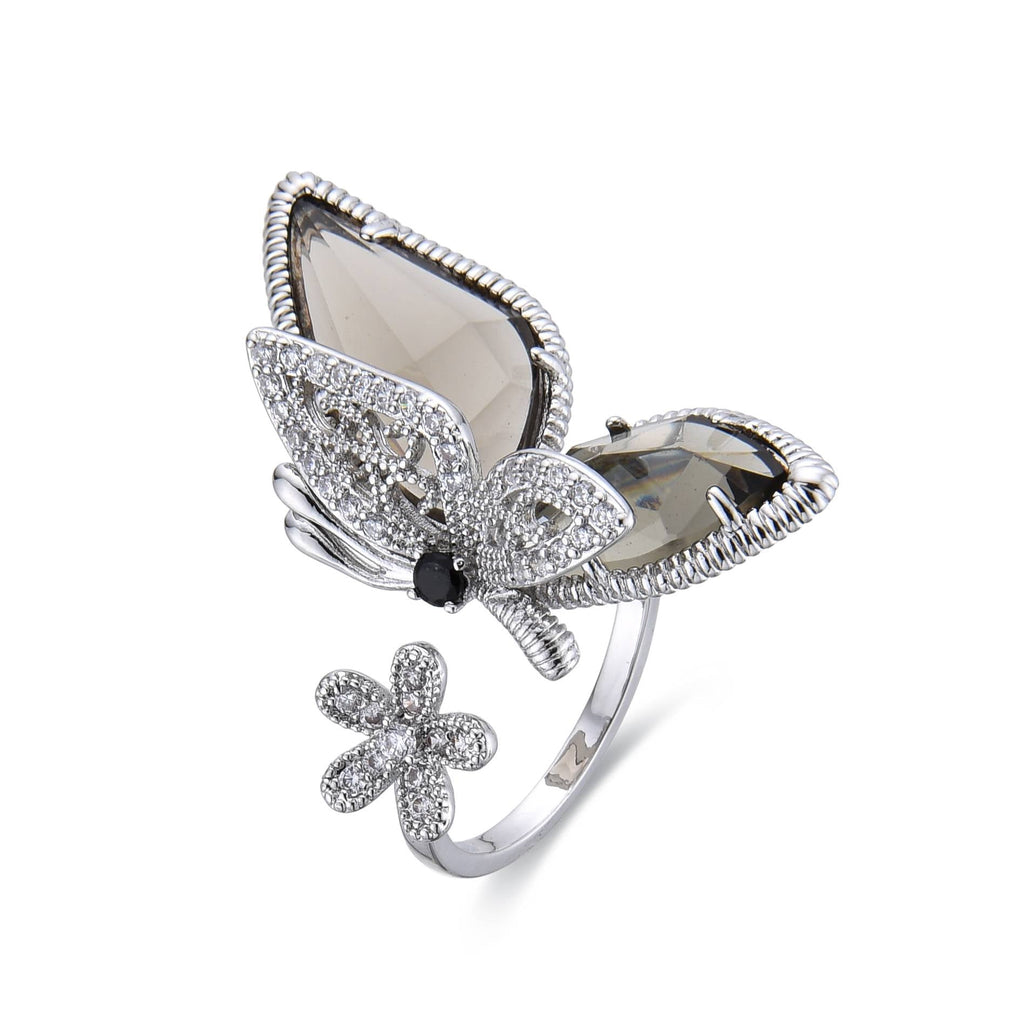 Adjustable Ring in Silver Fashion with Butterfly and Flower-Rings-NEW WEI