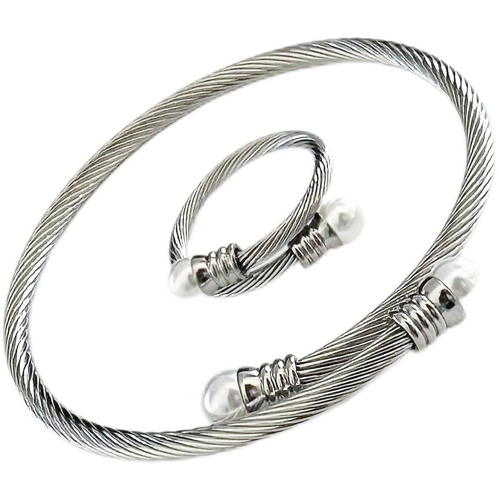 Adjustable Silver Bracelet and Ring Set with Delicate Pearl-Bracelets-NEW WEI