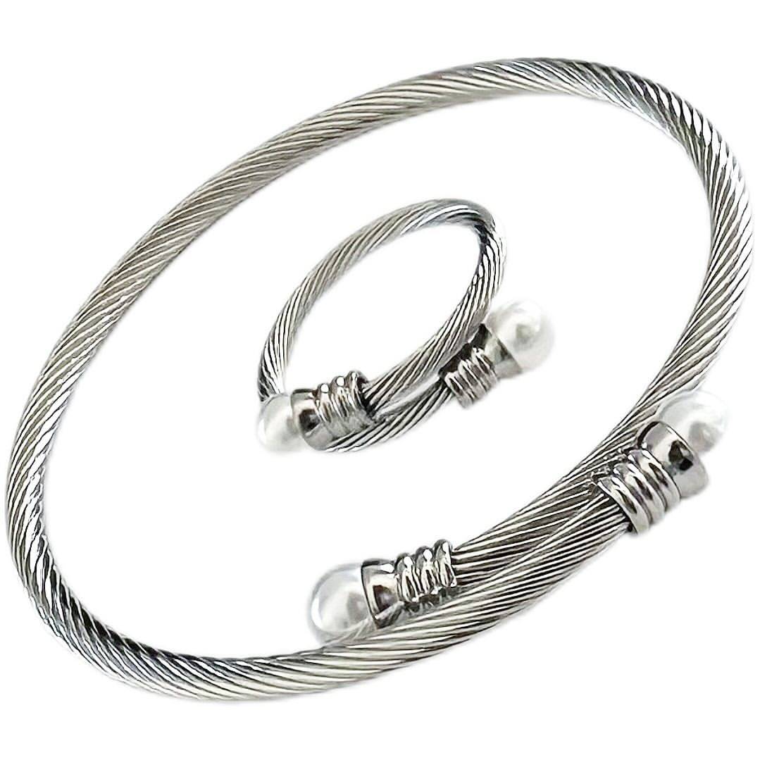Adjustable Silver Bracelet and Ring Set with Delicate Pearl-Bracelets-NEW WEI