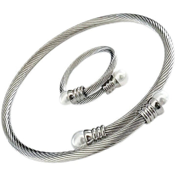 Adjustable Silver Bracelet and Ring Set with Delicate Pearl-Bracelets-NEW WEI