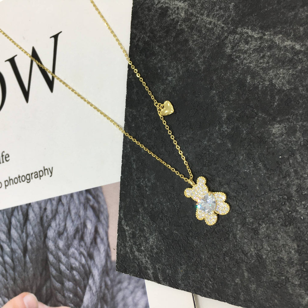 Bear and Heart Pendant Necklace with Zirconia in 925 Silver and 18k Gold Plated-Necklaces-GULI GULI