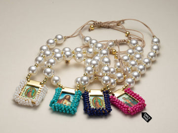 Beige Thread Necklace with Pearls and Religious Pendant in Cooper with 18k Gold Plating and Fuchsia Crystals-Bracelets-Guadalupe