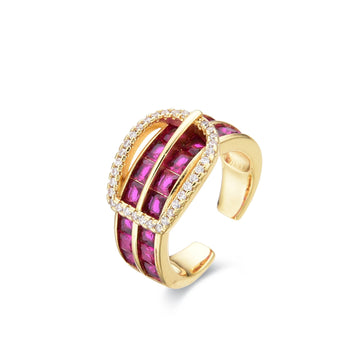 Belt Ring Gold Fashion with Fuchsia Zircons-Rings-LANDCICA