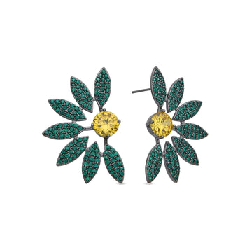 Black Earrings Green Leaf with Yellow Zircons-Earrings-NEW WEI