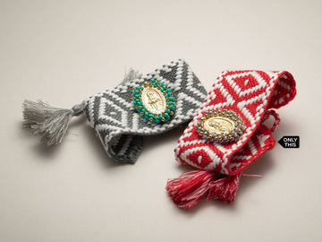 Bracelet Woven with Red Thread and White Woven Details with Religious Pendant in Cooper and 18k Gold Plating and Crystals-Bracelets-Guadalupe