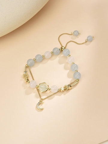 Bracelet with Adjustable Moon Pendant with 18k gold plating and Zirconia-Bracelets-OSA BEA