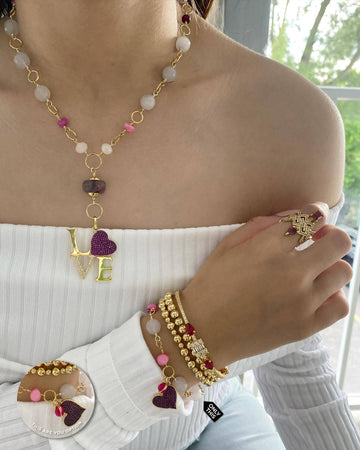 Bracelet with Semiprecious Stones and Heart Pendant with Zirconia in Gold Filled-Bracelets-Vila veloni corp
