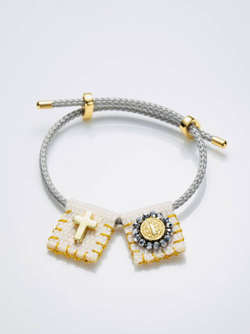 Braided Cord Bracelet with Cross Charm and Saint Benedict Medal with Zirconia-Bracelets-Guadalupe