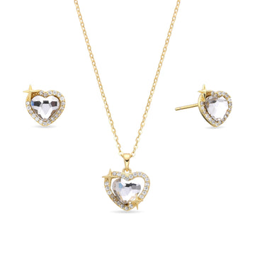 Bright Heart Necklace and Earrings Set in 18k Gold Plated 925 Sterling Silver with Clear Zircons-Necklaces-GULI GULI
