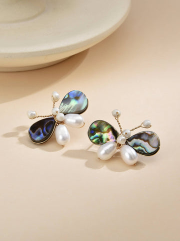 Butterfly Earrings Made with Pearls and Semi-Precious Stones in Brass and 18k Gold Plating-Earrings-Baishangmei