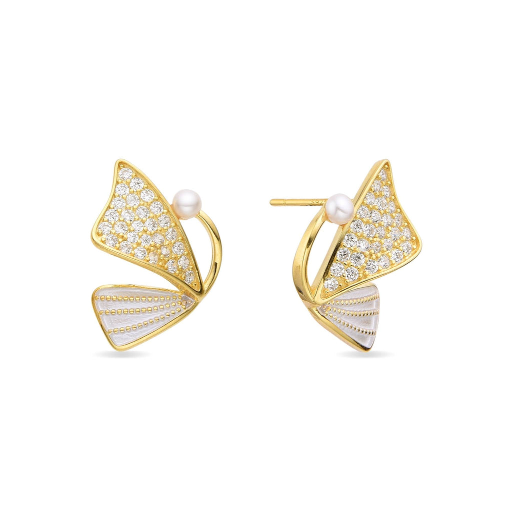 Butterfly Earrings in 925 Sterling Silver 18k Gold Plated with Pearls and Zircons-Earrings-GULI GULI