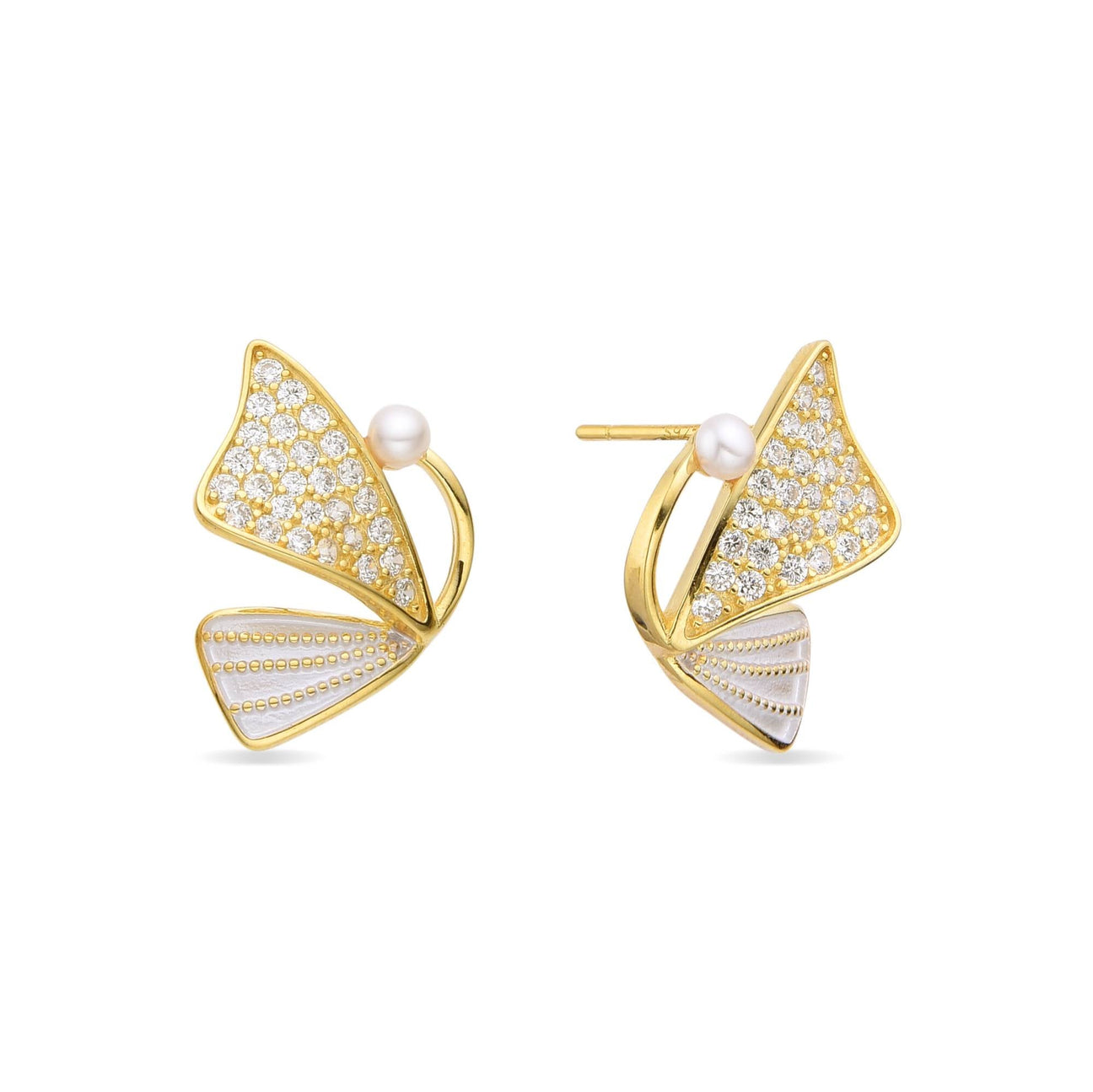 Butterfly Earrings in 925 Sterling Silver 18k Gold Plated with Pearls and Zircons-Earrings-GULI GULI
