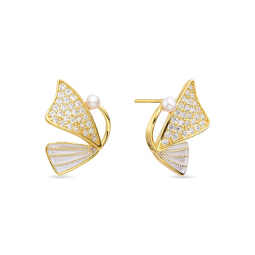 Butterfly Earrings in 925 Sterling Silver 18k Gold Plated with Pearls and Zircons-Earrings-GULI GULI