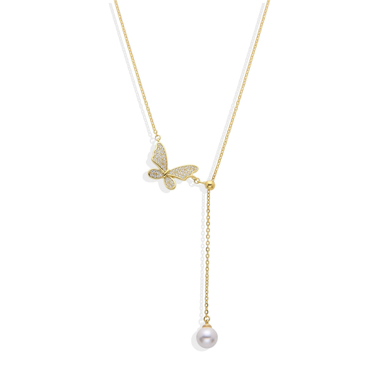 Butterfly Necklace with Pearl Pendant in 18k Gold Plated 925 Sterling Silver with Micro Zircons-Necklaces-GULI GULI