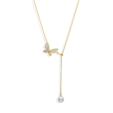 Butterfly Necklace with Pearl Pendant in 18k Gold Plated 925 Sterling Silver with Micro Zircons-Necklaces-GULI GULI