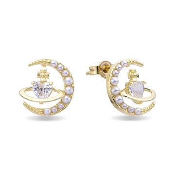 Crescent Moon Shaped Earrings with Pearls and Zirconia in 925 Silver with 18k Gold Plated-Earrings-YIA SILVER
