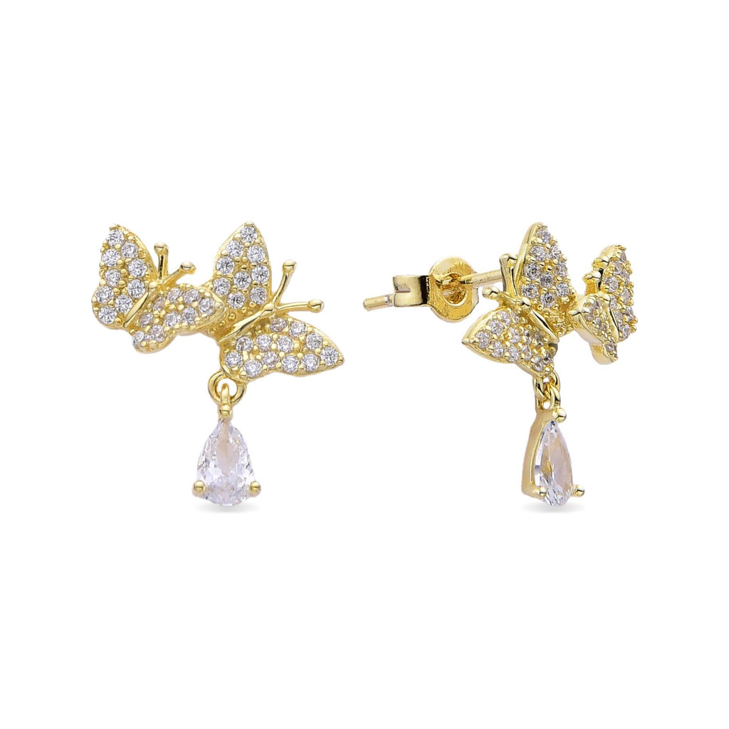 Double Butterfly Earrings Covered with Zirconia in 925 Silver with 18k Gold Plated-Earrings-YIA SILVER