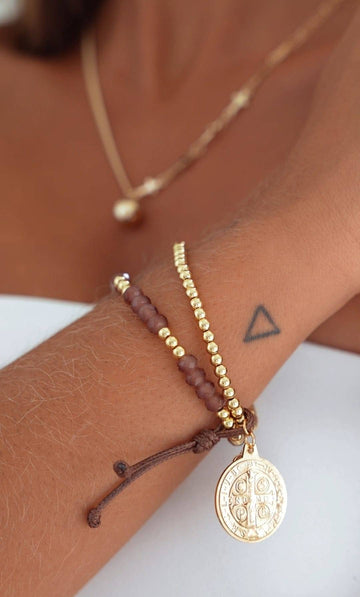 Double elastic Religious Bracelet with Saint Benedict pendant in 18k Gold Plated and Brown Crystals-Bracelets-Vila veloni corp