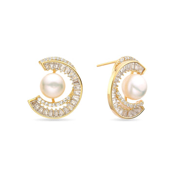 Earrings 18k Gold Plated 925 Sterling Silver with Zircon Arch Design with Pearl-Earrings-GULI GULI