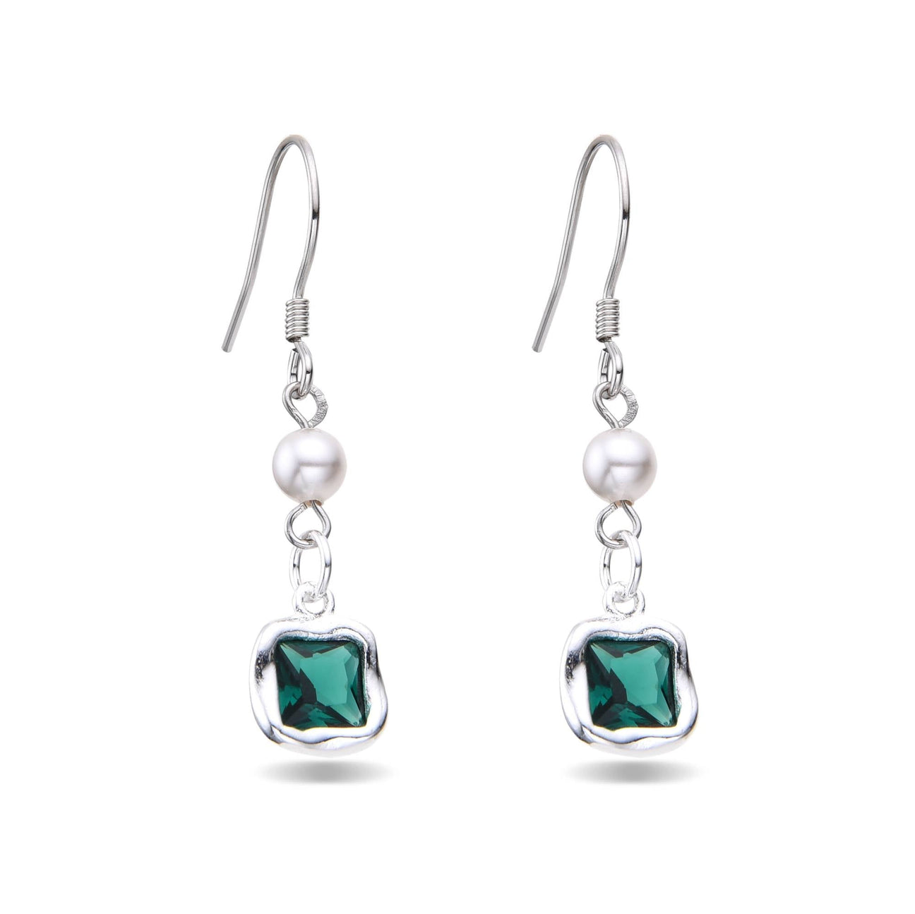 Earrings 925 Sterling Silver with Green Zircon Square-Earrings-NEW WEI