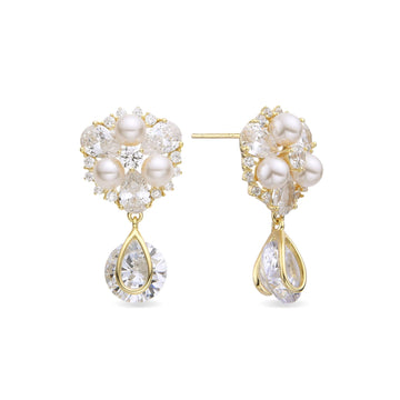 Earrings Drop Shape Zircon in 18k Gold Plated 925 Sterling Silver and Pearls-Earrings-GULI GULI