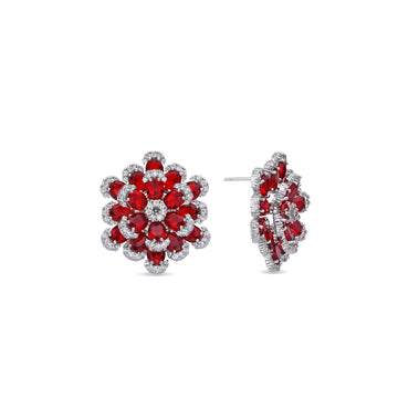 Earrings Silver Fashion with Red Zirconia Flower Design.-Earrings-NEW WEI