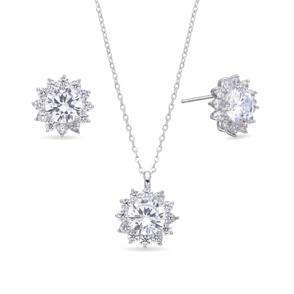 Earrings and Necklace Set 925 Sterling Silver with Clear Zircons-Necklaces-GULI GULI