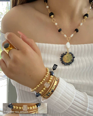 Elastic Bracelet with Litmus Crystals and Semiprecious Stone Quartz in Gold Filled-Bracelets-Vila veloni corp