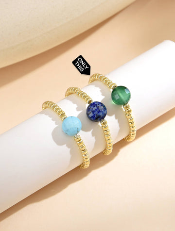 Elastic Ring Made with Golden Balls and Green Semi-Precious Stone-Rings-Peling