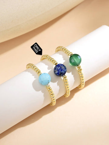 Elastic Ring Made with Golden Balls and Navy Blue Semi-Precious Stone-Rings-Peling