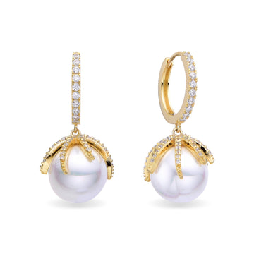 Elegant Hoop Earrings with Pendant Pearls and Zirconia in 925 Silver with 18k Gold Plated-Earrings-YIA SILVER