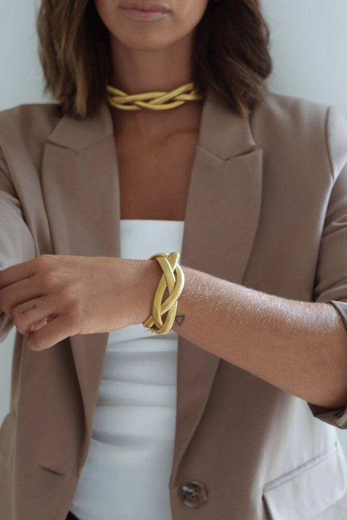 Elegant Necklace and Bracelet Set in Gold Color Stainless Steel with Chain Design-Bracelets-NEW WEI