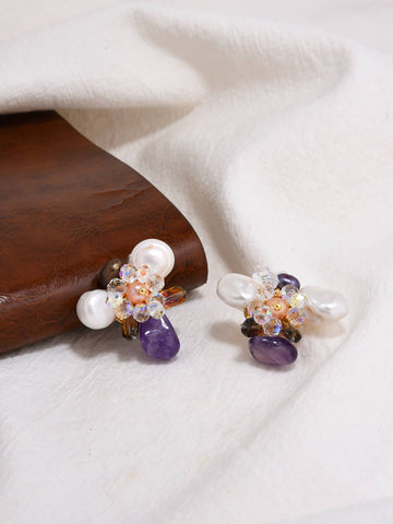 Floral Earrings in Pearls, Amethyst, Crystals and Precious Stones with 18k Gold Plating-Earrings-YIWU SHUO QIPEARL