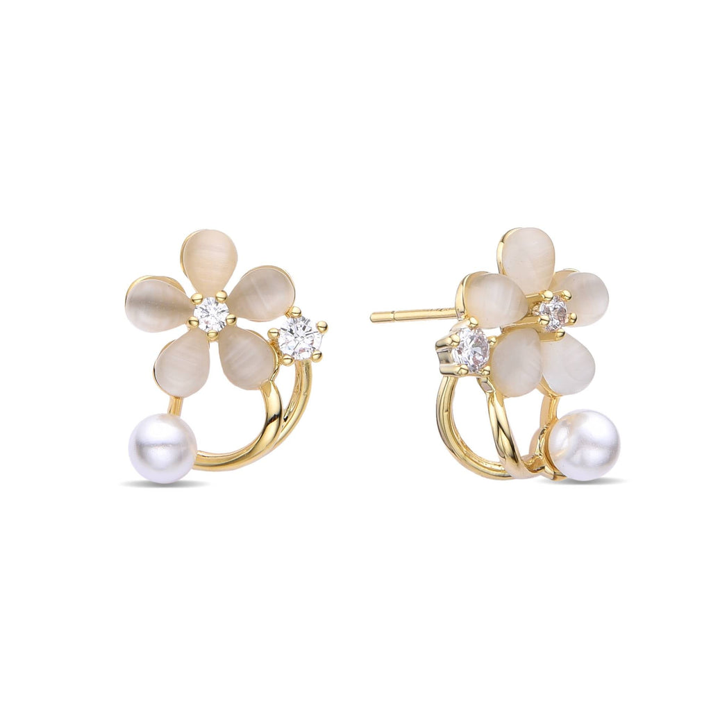 Flower Earrings with Pearls and Zirconia-Earrings-NEW WEI
