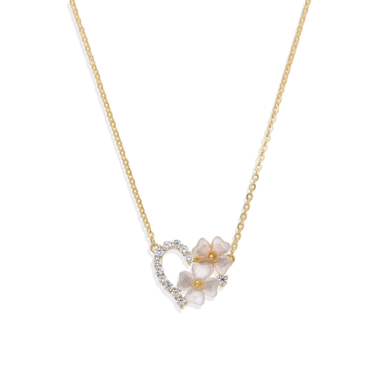Flower Heart Necklace in 18k Gold Plated 925 Sterling Silver with Clear Zircons-Necklaces-GULI GULI